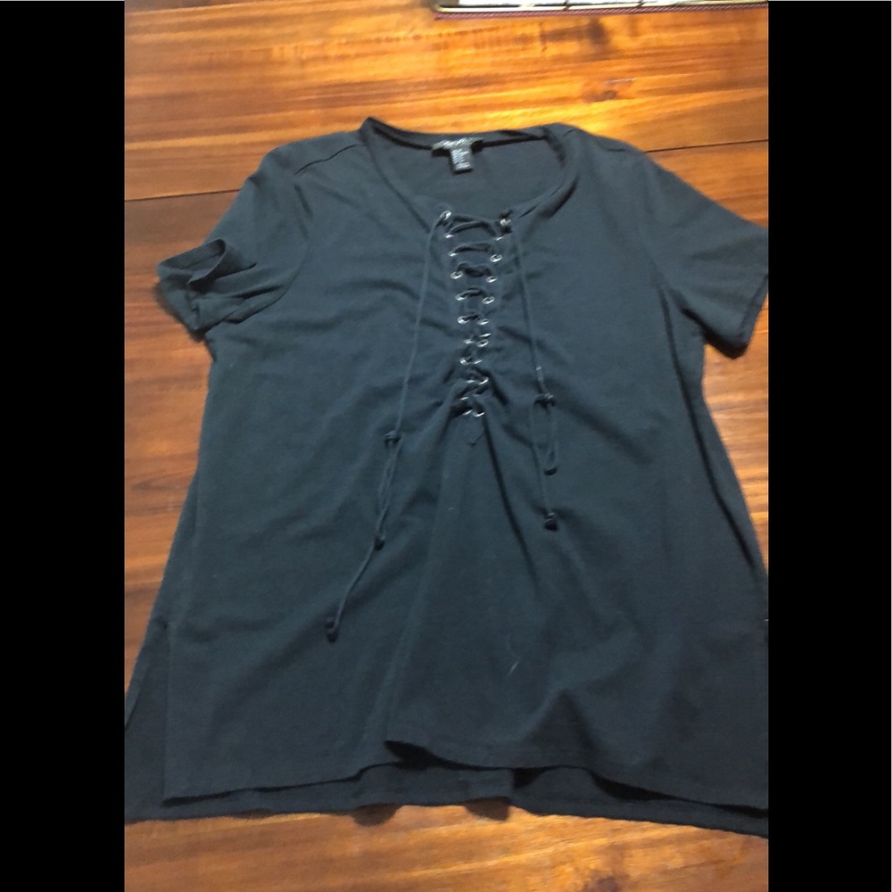 Black top lace up V neck